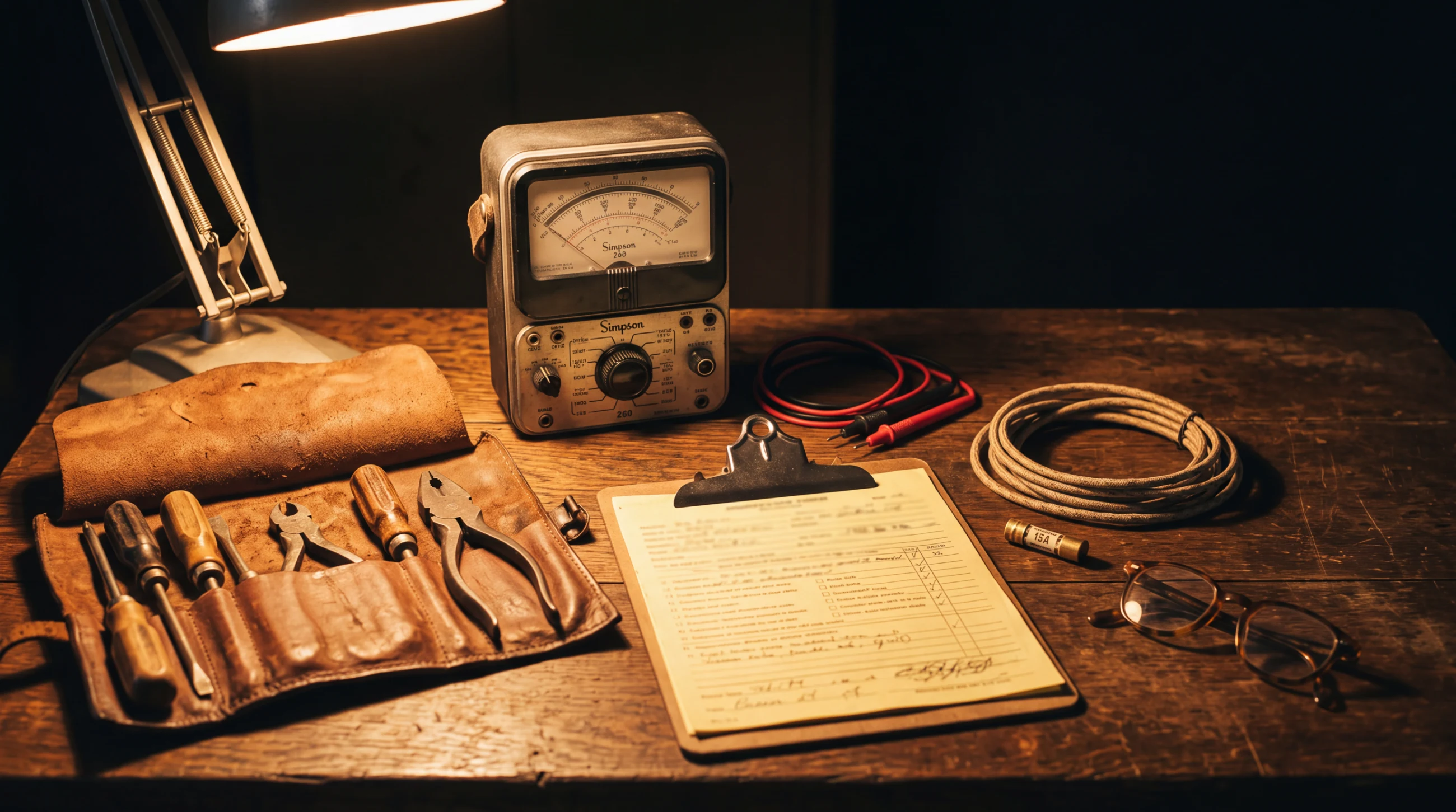 Vintage electrical inspector's tools on a desk under lamplight